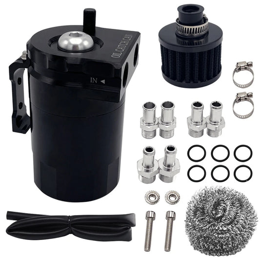 Baffled Oil Catch Can with Breather Filter — 300ml Aluminum Separator Tank w/ Dipstick, Universal Fit
