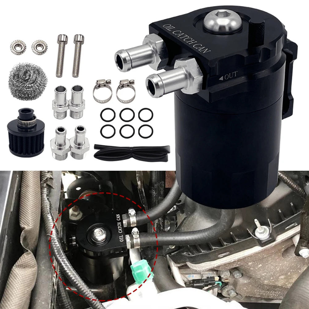 Baffled Oil Catch Can with Breather Filter — 300ml Aluminum Separator Tank w/ Dipstick, Universal Fit