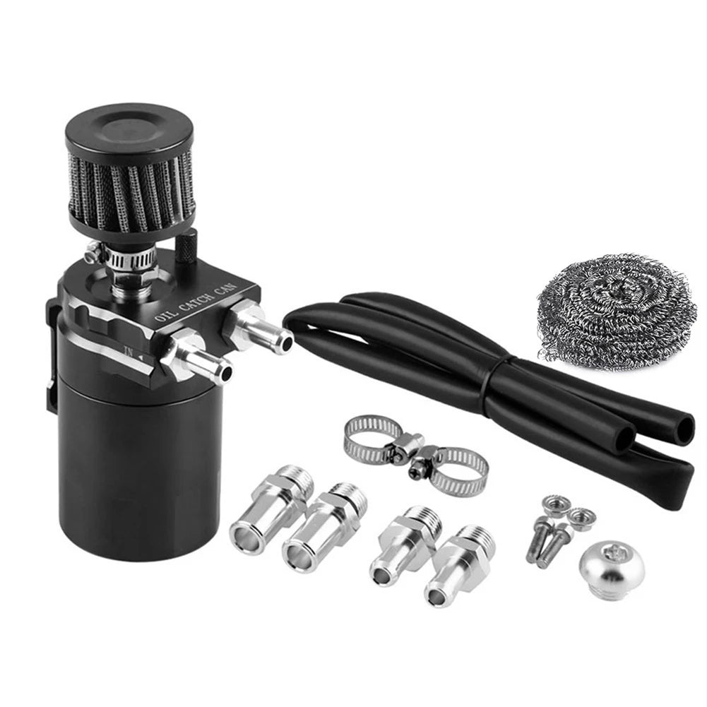 Baffled Oil Catch Can with Breather Filter — 300ml Aluminum Separator Tank w/ Dipstick, Universal Fit