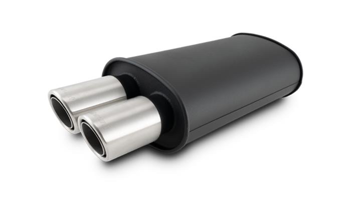 Vibrant Performance STREETPOWER FLAT BLACK Oval Muffler with Dual 304SS Brushed Tips, Inlet: 2.50" (63.5mm) Tip OD: 3.00" (76.2mm), Muffler Body Size: 9W x 5H x 15L, Tip Location: Center of End Cap