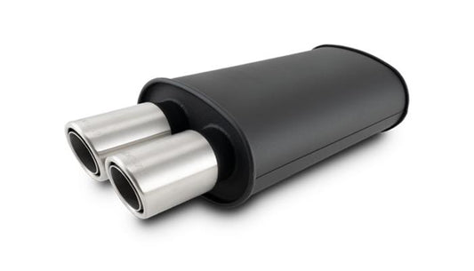 Vibrant Performance STREETPOWER FLAT BLACK Oval Muffler with Dual 304SS Brushed Tips, Inlet: 2.50" (63.5mm) Tip OD: 3.00" (76.2mm), Muffler Body Size: 9W x 5H x 15L, Tip Location: Center of End Cap