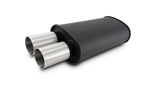 Vibrant Performance STREETPOWER FLAT BLACK Oval Muffler with Dual 304SS Brushed Tips, Inlet: 2.50" (63.5mm) Tip OD: 3.00" (76.2mm), Muffler Body Size: 9W x 5H x 15L, Tip Location: Center of End Cap