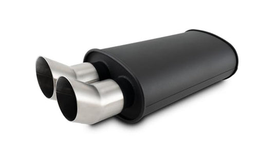 Vibrant Performance STREETPOWER FLAT BLACK Oval Muffler with Dual 304SS Brushed Tips, Inlet: 3.00" (76.2mm) Tip OD: 3.00" (76.2mm), Muffler Body Size: 9W x 5H x 15L, Tip Location: Center of End Cap